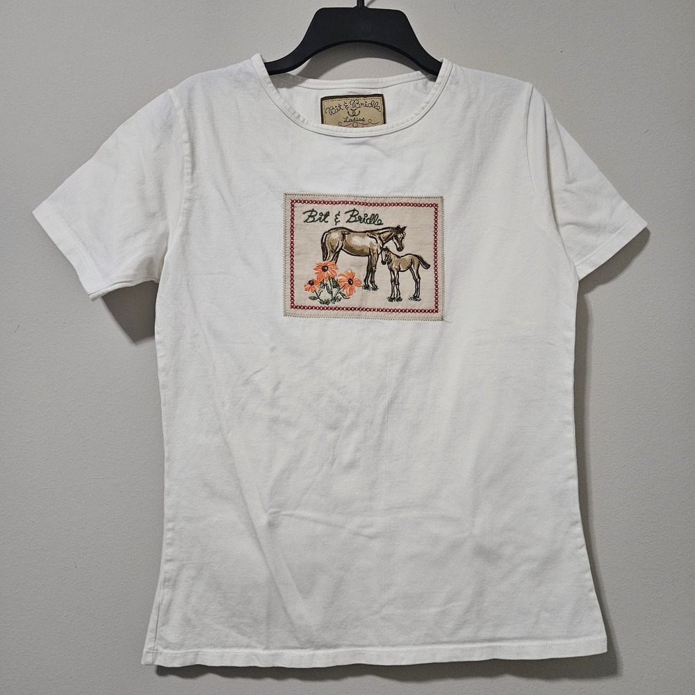 Bit & Bridle Horse Foal Embroidered Patch T-Shirt White Cotton‎ Womens Medium